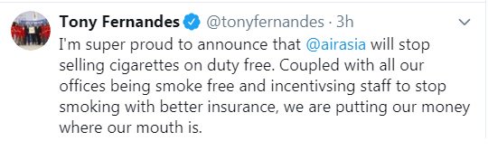 东尼费南德斯宣布，亚航航班禁卖香烟。